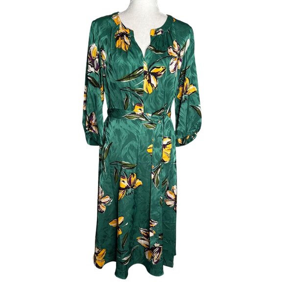 Donna Morgan Floral Midi Dress Size 6 Long Sleeves Tie Belt Waist V Neck - Picture 1 of 7